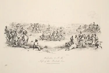 Waterloo, 14:00, a sinistra della Linea Britannica, pub. J. Booth, 1816